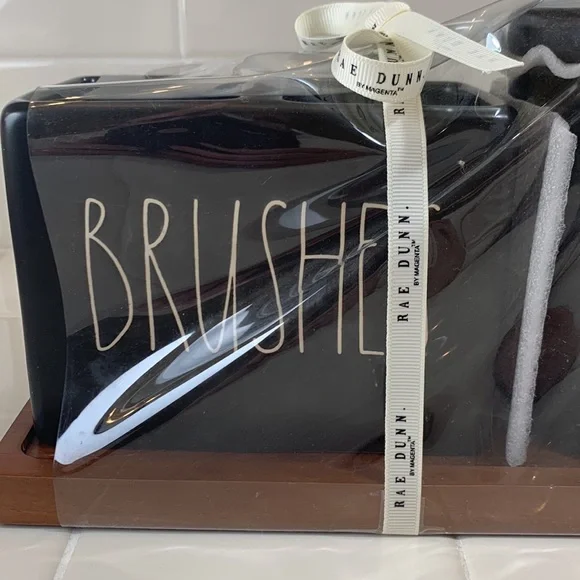 NWT Rae Dunn BRUSHES & THINGS brush holder and canister with lid black on wood - Picture 2 of 5